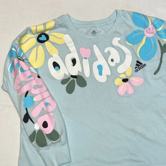 Adidas Girls M Flower Power Blue Long Sleeve Tee Shirt Floral Hearts Graphic Top - Picture 7 of 12